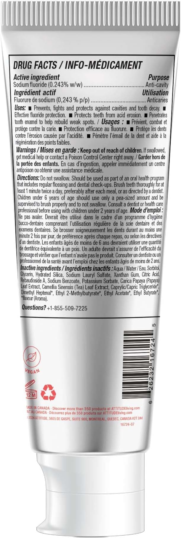 ATTITUDE Toothpaste with Fluoride, Prevents Tooth Decay and Cavities, Vegan, Cruelty-Free and Sugar-Free, Watermelon, 4.2 Oz