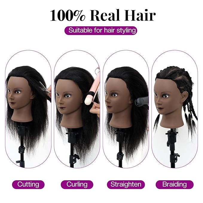 Mannequin Head 100% Real Hair,14”-16” Braiding Mannequin Head with Stand&Table Clamp,Real Hair Cosmetology Manikin Head with Mannequin Head Stand