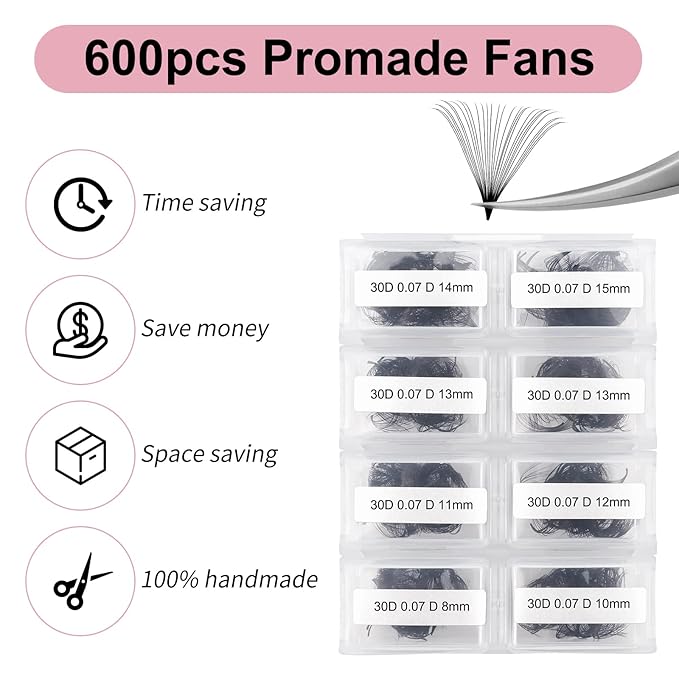 Lash Extension 30D Premade Fans Eyelash Extensions 600pcs Pre Made Fans Lash Extensions Premade Lash Fans Volume Lash Extensions D Curl Eyelash Extension Premade Fans (30D-0.07D-8-15mm)