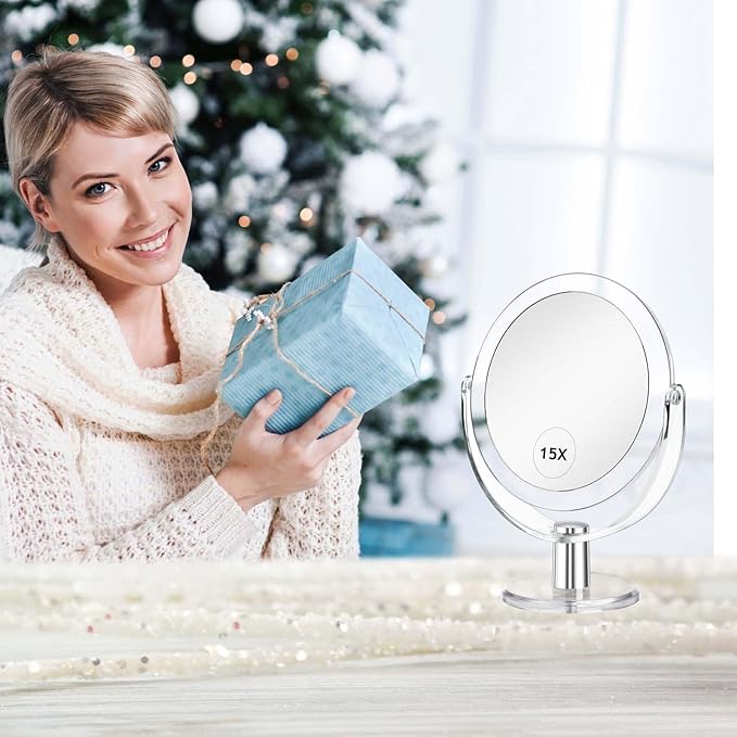Vanity Makeup Mirror with Stand, 1X/15X Magnification Double Sided 360 Degree Swivel, Portable Table Desk Counter top Magnifying Mirror, Tabletop Bathroom Shaving Mirror, 6.25 Inch