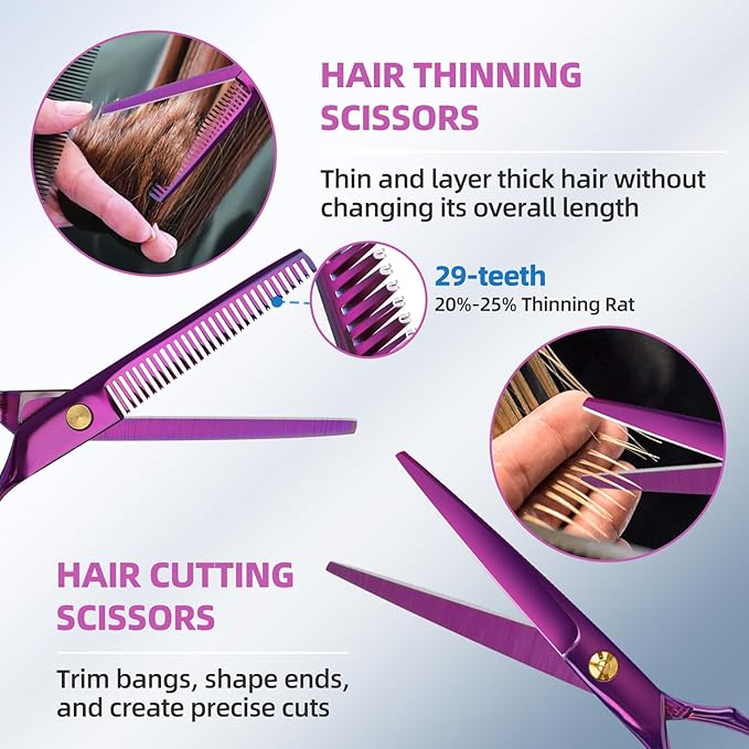 ETHTXE 9Pcs Professional Hair Scissors Set, Stainless Steel Barber Supplies – Includes Straight & Thinning Shears, Hair Thinning Knife – Multi-Use Haircut Tools for Home, Salon, and Barbers (Purple)