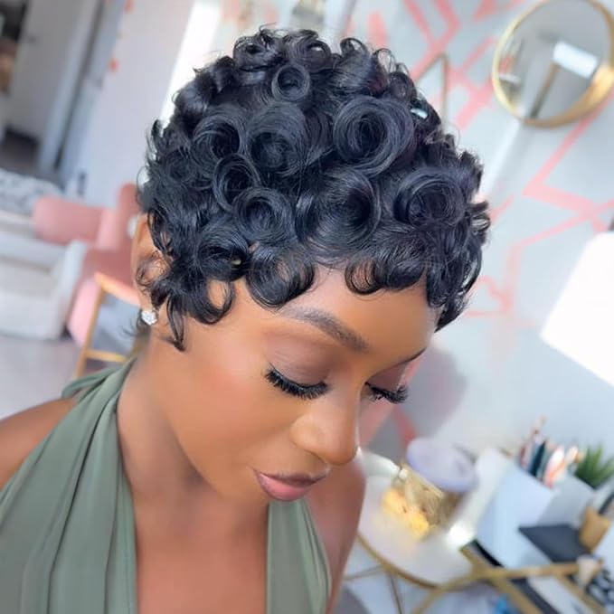 Short Curly Wig Human Hair for black women Short Layered Pixie Wigs Brazilian Virgin Curly Wavy Haircut Glueless pixie cut wig With Bangs Natural Black Color for Daily Use