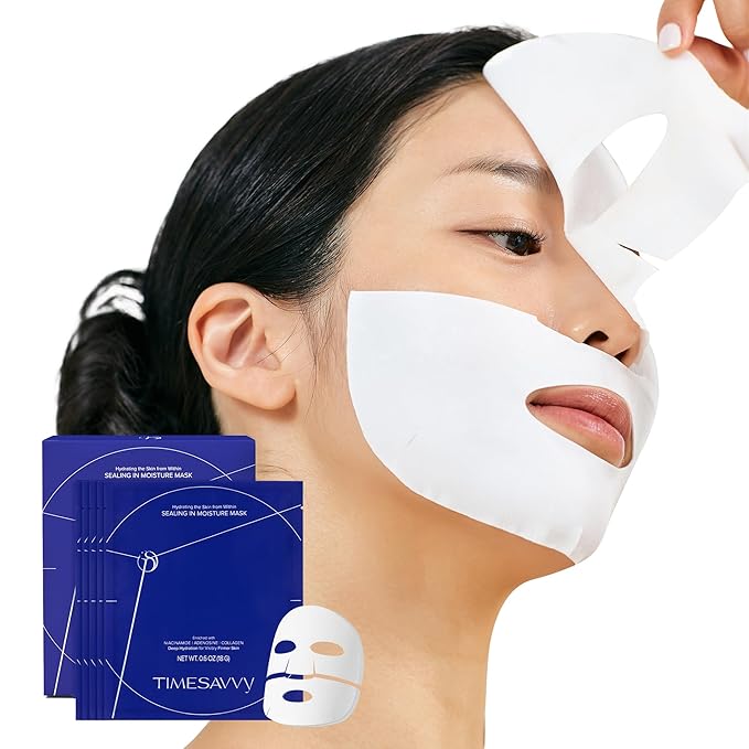 TIMESAVVY Sealing-in-Moisture Mask | No-Slip, No-Drip, No-Mess 15-Minute Triple-Layer Sheet Mask | Niacinamide, Adenosine &Collagen for Hydration,Firming & Glowing Skin | (18gx5ea)