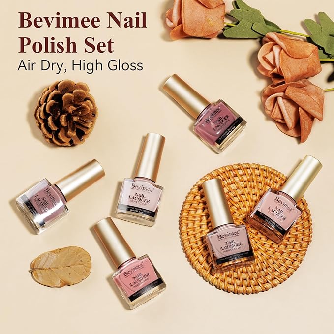 Quick Dry Nail Polish Set 6 Colors Vegan Nail Lacquer Pink Nude Dark Brown Air Dry Glitter Fingernail Polish Neutral Color Non Gel DIY Salon Valentine's Day Gift for Women