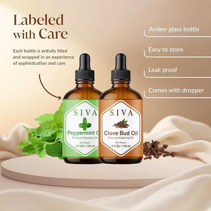 Siva Clove Bud and Peppermint Essential Oil 4oz Bundle Super Saver Combo – Premium Grade Value Set for Aromatherapy, Skincare and Haircare