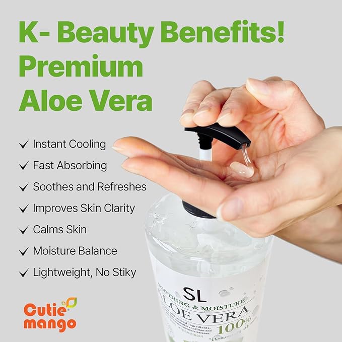 CUTIE MANGO Aloe Vera Soothing Gel 1000ml (35.27oz) | Quick Hydration & Moisturizing | Natural Aloe Vera | Face Hair Body After Shave Korean Daily Skincare All Skin Types Family Size (Made in Korea)