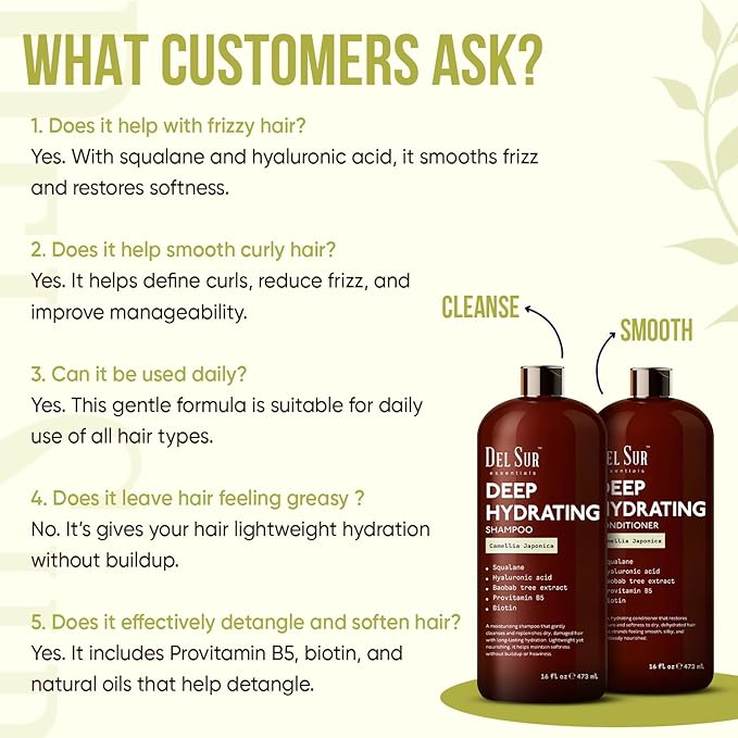 DEL SUR Hydrating Shampoo and Conditioner Set | 16 fl oz Each | with Camellia Japonica, Squalane, Hyaluronic Acid, Baobab Extract & Biotin | Deep Moisture for Dry, Damaged Hair