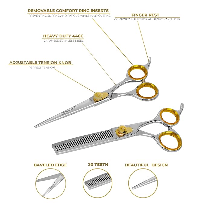 SHARF Gold Touch Barber Kit 6.5 Inch Straight Shears and 6.5 Inch, 30-Tooth Thinning Shears 440C Japanese Stainless Steel Professional Barber Scissors for Men and Women