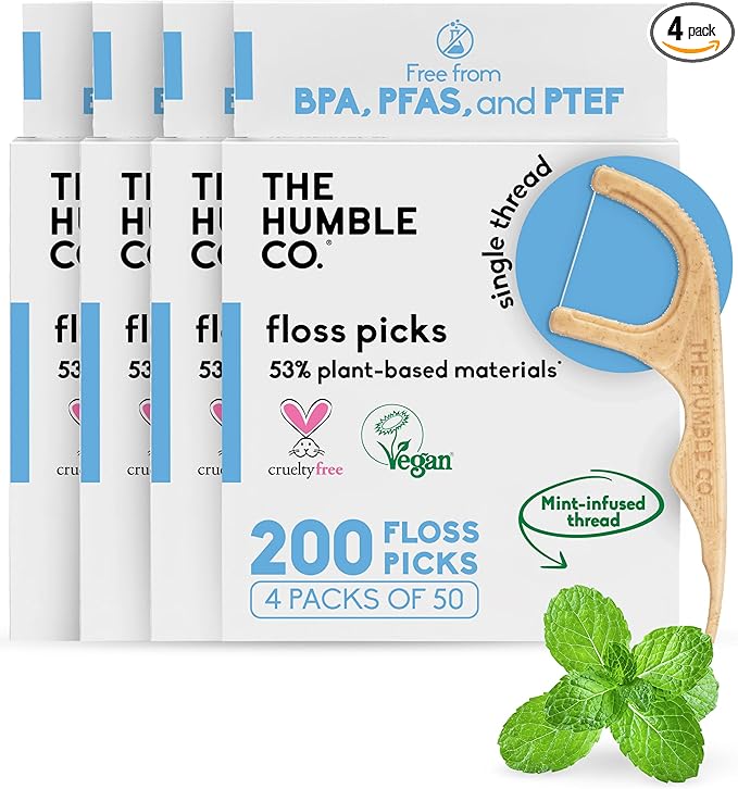 The Humble Co Dental Floss Picks for Teeth, 200 Count (Mint) - Single Thread Tooth Picks Flossers for Adults Gum Health - Plant-Based Toothpick Floss for Interdental Oral Care & Hygiene