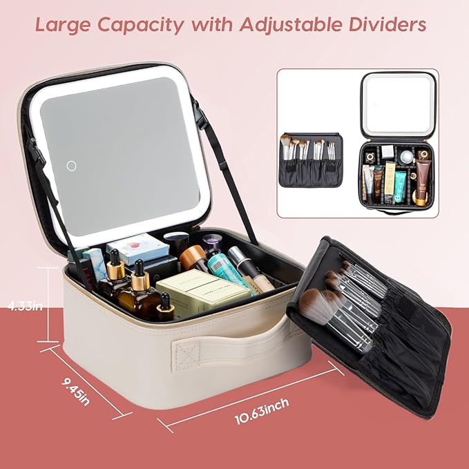 Gdsshuhung Makeup Bag with Mirror | Partitionable Professional Makeup Organizer | Large Travel Makeup Bag for Women | Cosmetic Case for Daily & On-the-Go Use (Ivory)