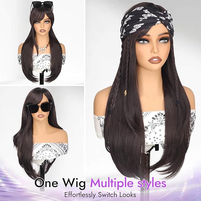 Long Dark Brown Wig with Bangs for Women, 4x4 Realistic Scalp,Free Parting, Layered Hairstyle Synthetic Heat Resistant for Daily Party Use 26 inch