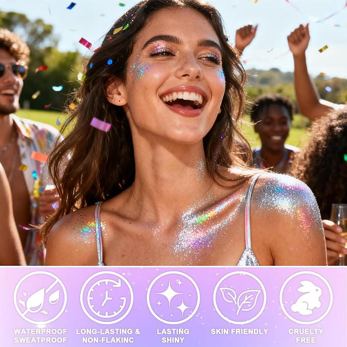 Roll-on Holographic Glitter Gel for Face & Hair,Sparkling Pink Shimmer Makeup,Color Changing Body Glitter for Festivals,Parties & Halloween,Chunky Mermaid Sequins Body Shimmer for Women(Laser Silver)