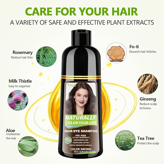 Brown Hair Dye Shampoo for Women & Men, 15 Min Gray Coverage, 3 in 1 Semi-Permanent Color with Natural Herbal Ingredients, Lasts 60 Days