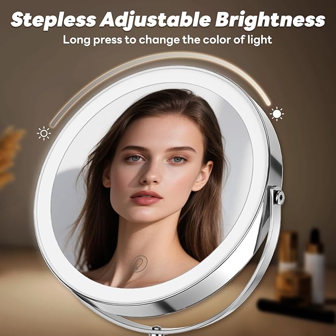 10x/1x Lighted Vanity Makeup Mirror, 2000mAh Rechargeable Height Adjustable Double Sided, Magnifying Mirror with 3 Color Light, Brightness Adjustable, 360° Rotation, Women Gift