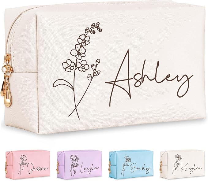 Fincekoom Valentines Day Gifts for Her Teen Girls, Personalized Makeup Bag with Name & Birth Flower, Custom Leather Cosmetic Bags for Women, Customized Travel Toiletry Bag Gifts for Bridesmaid Wedding