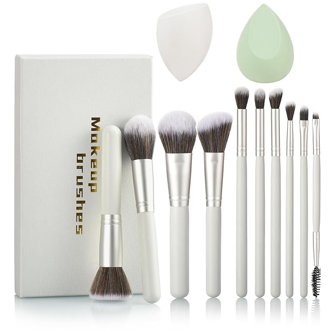 YJ-Anyue Gift Ready 10 Piece grayish green Makeup Brushs Set and 2 Piece Makeup Sponge – Wooden Handle with Soft Synthetic Bristles, Concealer, Powder – (Ideal for Christmas, Birthday, Women)
