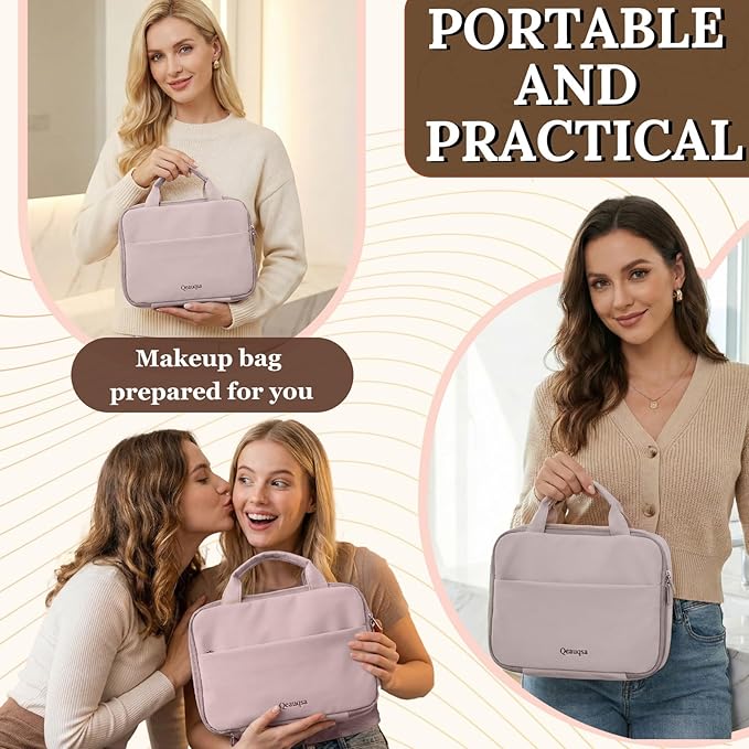 Qeauqsa Makeup Bag Organizer, Large Hanging Toiletry Bag for Women with Leakproof Compartments, Travel Cosmetic Case for Full Sized Toiletries & Brushes Travel Cosmetic Bag Cruise Essentials - Pink