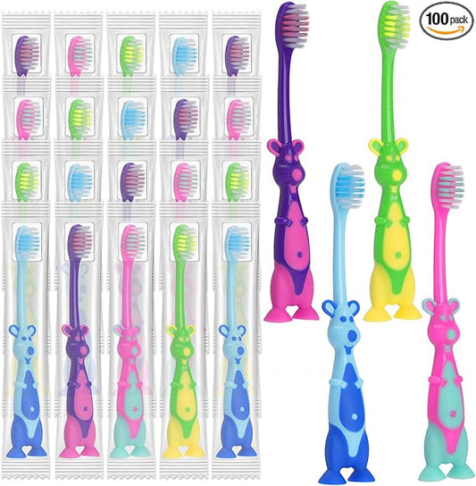 Newday 100 Pack Kids Toothbrush Bulk Soft Bristles Toddler Cute Toothbrush with Suction Cup, Includes Travel Covers, Individually Wrapped Toothbrushes for Kid Home School Daycare Camp (Kangaroo)