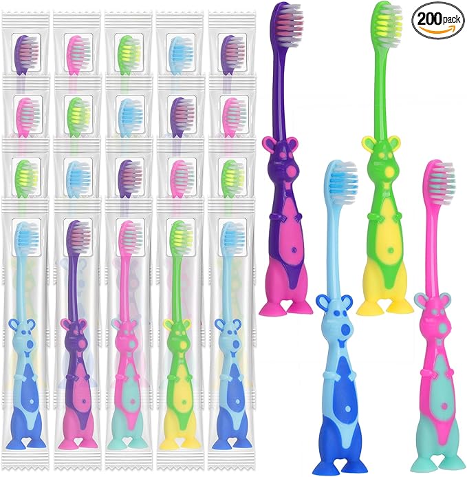 200 Pack Kids Toothbrush Bulk Soft Bristles Toddler Cute Toothbrush with Suction Cup, Includes Travel Covers, Individually Wrapped Toothbrushes for Kid Home School Daycare Camp (Kangaroo)