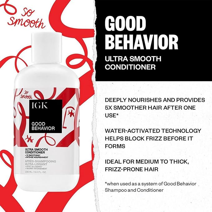 IGK GOOD BEHAVIOR Ultra Smooth Shampoo & Conditioner Set + Travel Size Packettes | Frizz Control + Shine | Vegan + Cruelty-Free | 8 oz (Pack of 2)