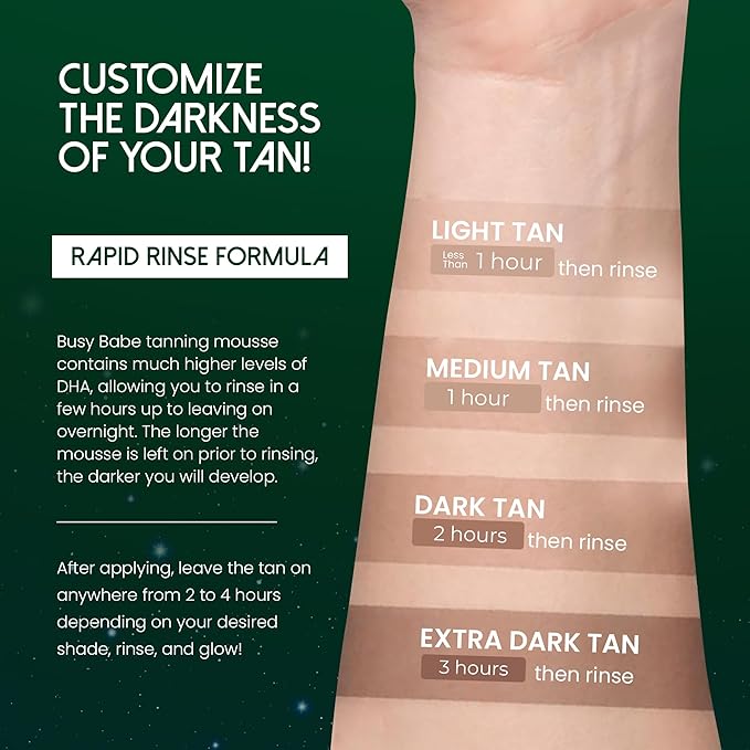 Busy Babe Self Tanner - Golden Nights Express Rapid Dark Tanning Mousse - Deeper Sun-Kissed Glow with Mitt - Vegan, Cruelty-Free, Instant Tan, Self Tanning Mousse Pump - 7.2 oz, No Orange Hues