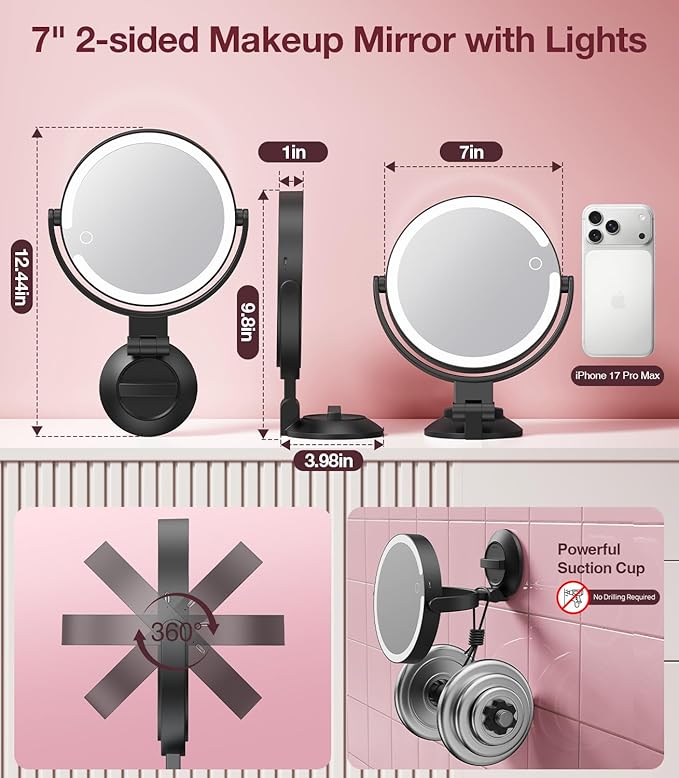 Benbilry Suction Cup Magnifying Mirror with Light 10X, Wall Mounted Makeup Mirror with Suction Cup for Bathroom, 3 Color Lights and Adjustable Brightness, 2 in 1 Tabletop for Desk - Black