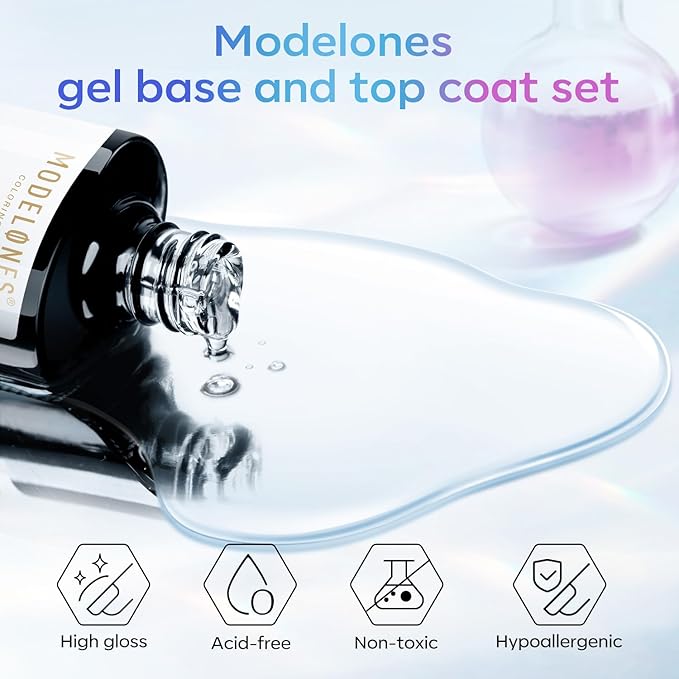 modelones Gel Top Coat, 15 ml 2026 Upgrade Super Shiny Base and Top Coat Set, Soak Off Nail Lamp Acid Free No Wipe Clear Base Top Gel Nail Polish