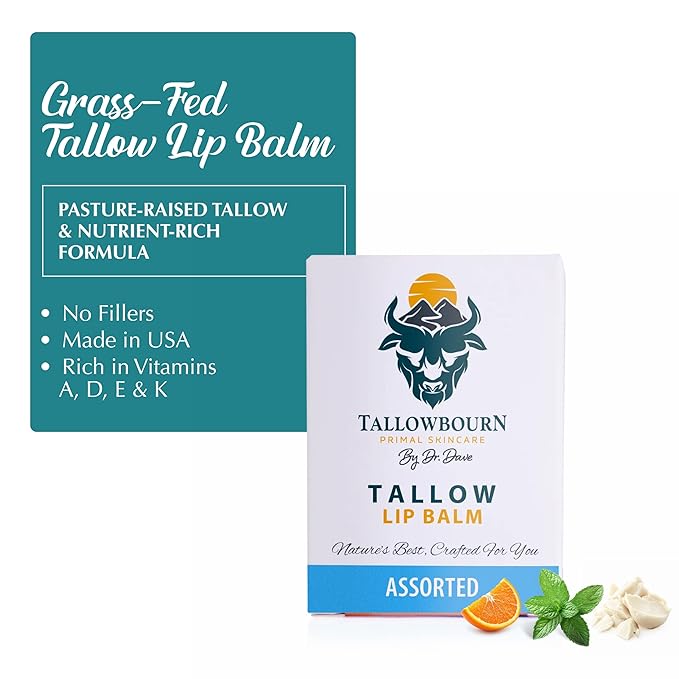 Tallowbourn Moisturizing Tallow Lip Balm – Grass-Fed Beef Tallow with Organic Coconut Oil, Beeswax, and Vitamin E – Lip Balm Set – Variety Pack – Travel Essential – 3-Pack