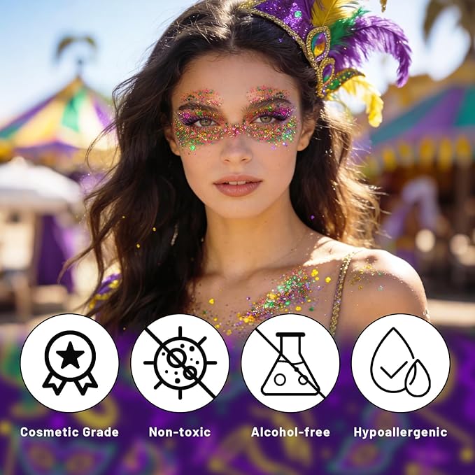 DAGEDA Mardi Gras Gold Body Glitter Stick, Sparkly Face Glitter Makeup, Shimmer Face Paint Stick for Mardi Gras Accessories, Holographic Gold Purple Green Glitters Carnival Outfits for Women