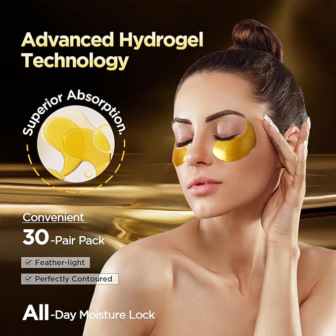 ZZILME 24k Gold Eye Patches - Firming, Glowing & Hydrating Hydrogel Mask for Puffy Eyes, Dark Circles, Wrinkles, Eye Bags Treatment, Fine Lines, Korean Skincare Gifts for Men and Women, 60Pcs