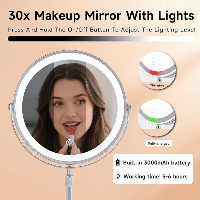 1X/30X Magnifying Makeup Mirror with Lights - 9" Large Dual-Sided Vanity Mirror with 3 Color Lights for Women's Travel Cosmetic Mirror | 3000 mAh-USB Rechargeable | 360° Rotation | Adjustable Height