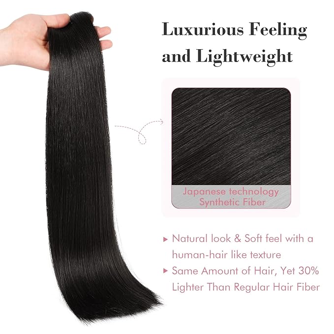 REECHO Clip in Hair Extensions, Hair Extensions Thick Long Lace Weft Lightweight Synthetic Hairpieces for Women (24 Inch-240 Gram(Pack of 5), Black Brown)