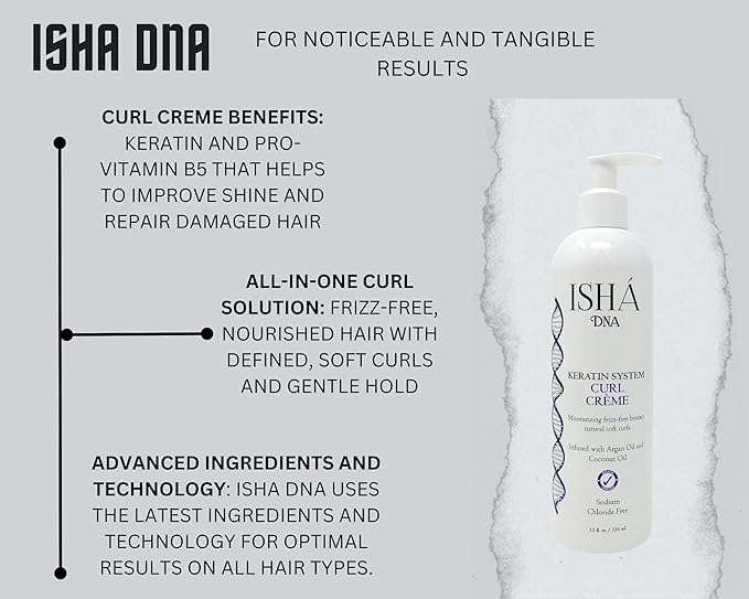 ISHA DNA Keratin System Curl Creme - Infused with Argan Oil and Coconut Oil - Moisturizing Frizz Free Bouncy Natural Soft Curls - Curling Cream For Wavy and Curly Hair - Sulfate Free