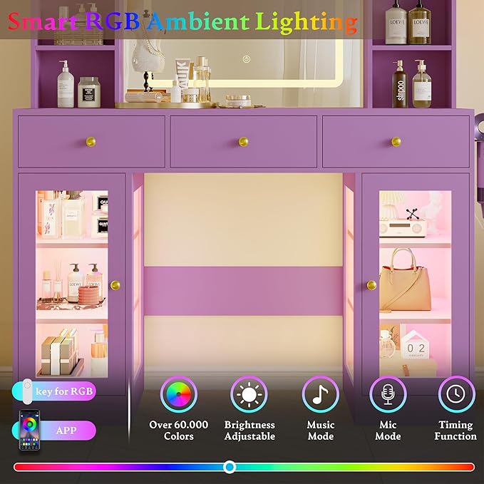 Makeup Vanity Desk with Mirror and Lights, 43" Purple Vanity with Glass Top, Jewelry Storage, 3 Drawers & Glass Cabinets, Power Outlet & Adjustable LED Lights, Dressing Table for Women & Girls Bedroom