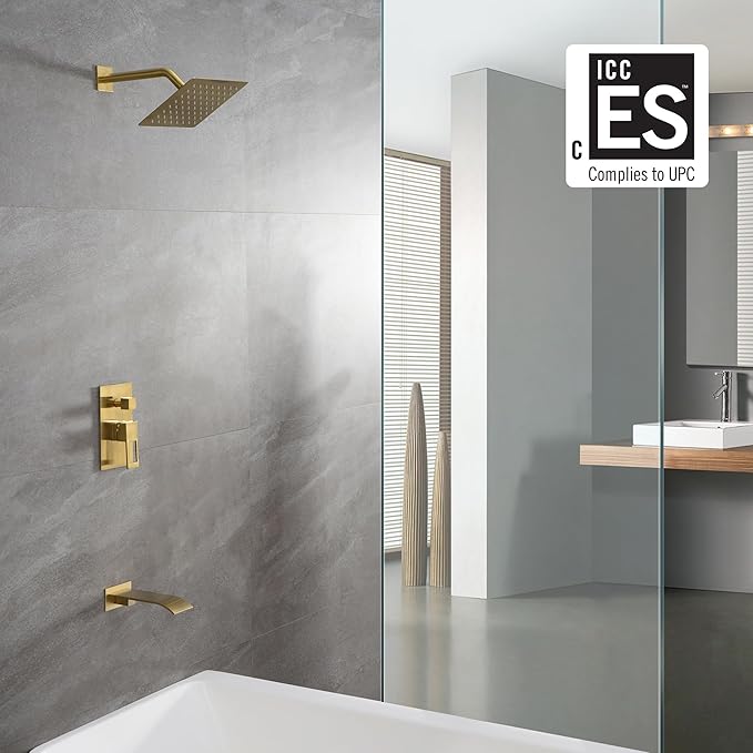 sumerain Wall Mount Tub and Shower Faucet Set Brushed Gold with 8 Inch Shower Head, Waterfall Tub Spout and Anti-scalding Pressure Balance Valve