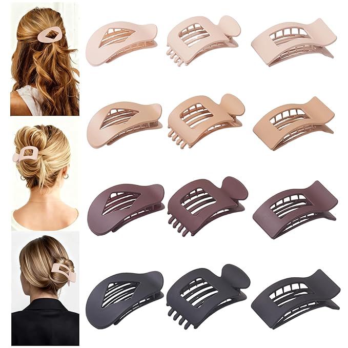 Hair Clips for Women Girls - 12 Pcs 3 Styles Plastic Hair Accessories, Strong Hold Lay Down Matte Flat Claw Clips for Thick Thin Hair Daily Styling