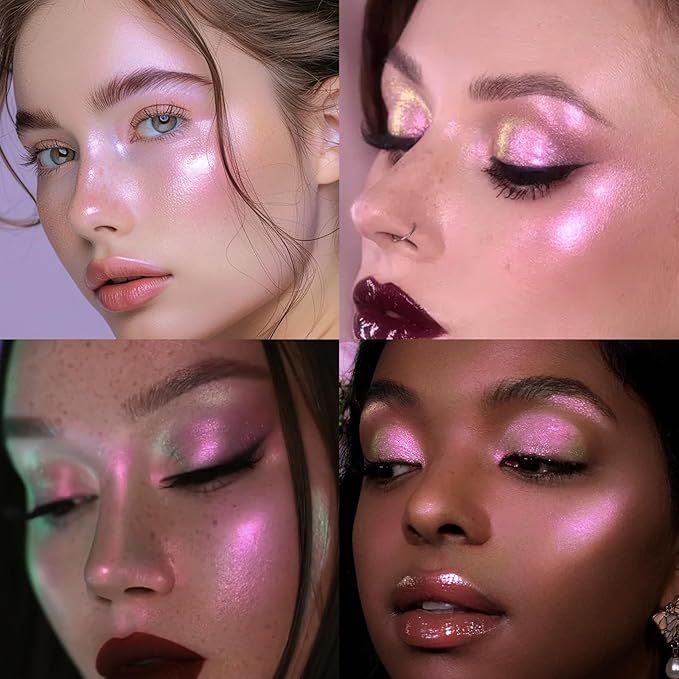 Holographic Chameleon Pink Silver Eyeshadow&Highlighter Palette, Color Shift Glitter Iridescent Cream Highlighter, Smooth Long Lasting Sparkling Eye Shadow Mermaid Facial Illuminator Makeup#02