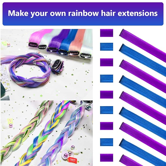 Colored Purple Hair Extensions 10 PCS, Rainbow Party Highlights Clip in Synthetic Hair Extension, Colorful Hairpiece for Women Gift Blue Hair Piece(Purple+Blue, 22 In)
