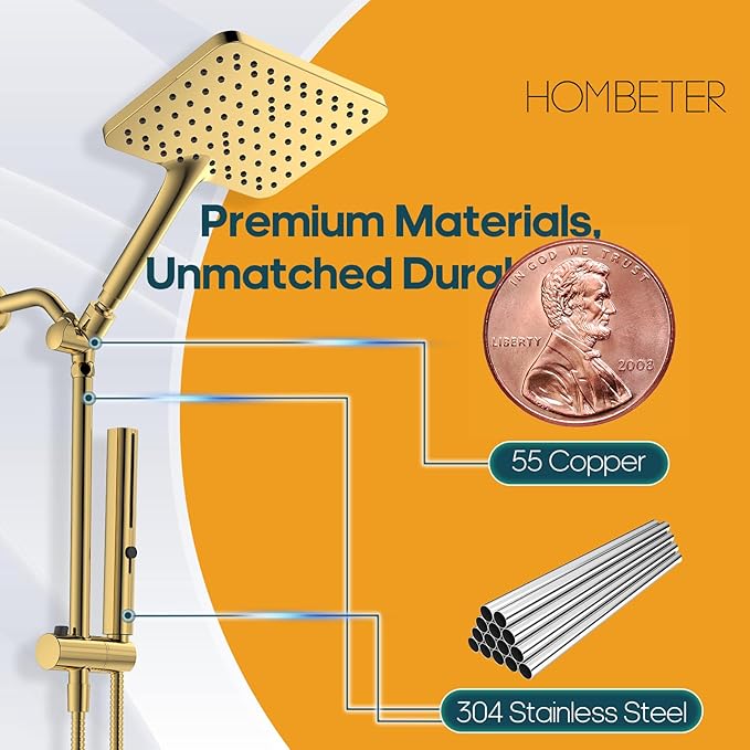 Hombeter Shower Heads with Handheld Spray Combo Gold, 10 Inch High Pressure Rain/Rainfall Shower Head, Height Adjustable Dual 2 in 1 Shower Head System with Stainless Steel Hose