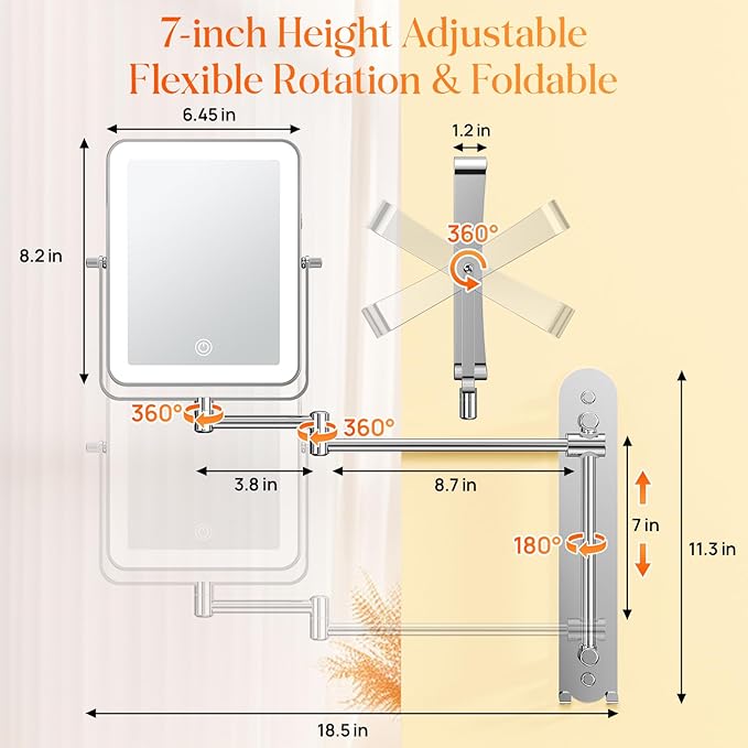 Gospire Height Adjustable Wall Mounted Lighted Makeup Mirror with Hooks, 3000mAh Rechargeable with 1X/10X Magnification, 3 Light Colors and Stepless Dimming for Bathroom