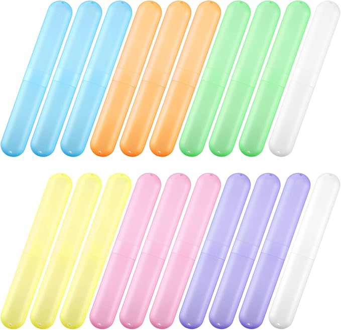 Boao 20 Pieces Travel Toothbrush Case Holder, Portable Toothbrush Storage, Classroom Pencil Case for Kids, 7 Assort Color Toothpaste Cover Protector for Travel Use