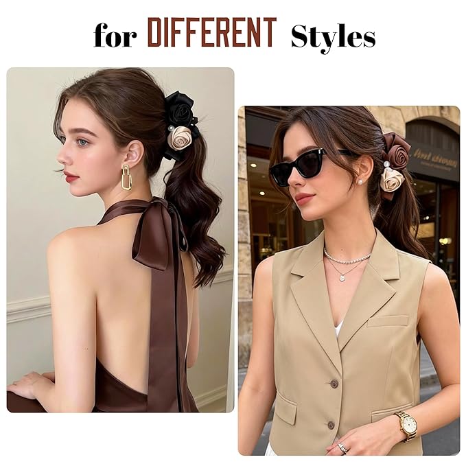 2 Pack Satin Rose Banana Clips for Fine to Medium Hair, Flower Ponytail Holder with Pearl, Non-Slip Vertical Clamp, Vintage French Hair Accessories (Black & Brown)