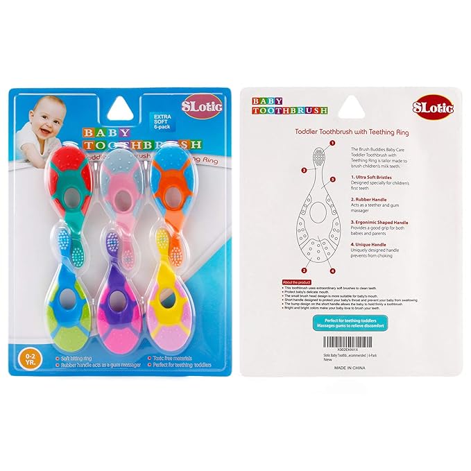 Slotic Baby Toothbrush & Toddler Toothbrush for Age 0-2 Years Old | Extra Soft Bristle for Baby Teeth & Infant Gums | Easy-Grip Finger Handle & Teething Pad | Dentist Recommended | 6-Pack