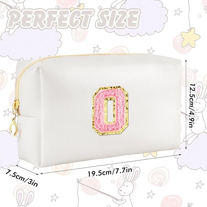 URSKYTOUS Initial Makeup Bag Personalized Preppy Travel Small Cosmetic Bag Cute PU White Chenille Letter Makeup Pouch for Purse Waterproof Zippered Toiletry Organizer for Women Girls Kids Friends (O)