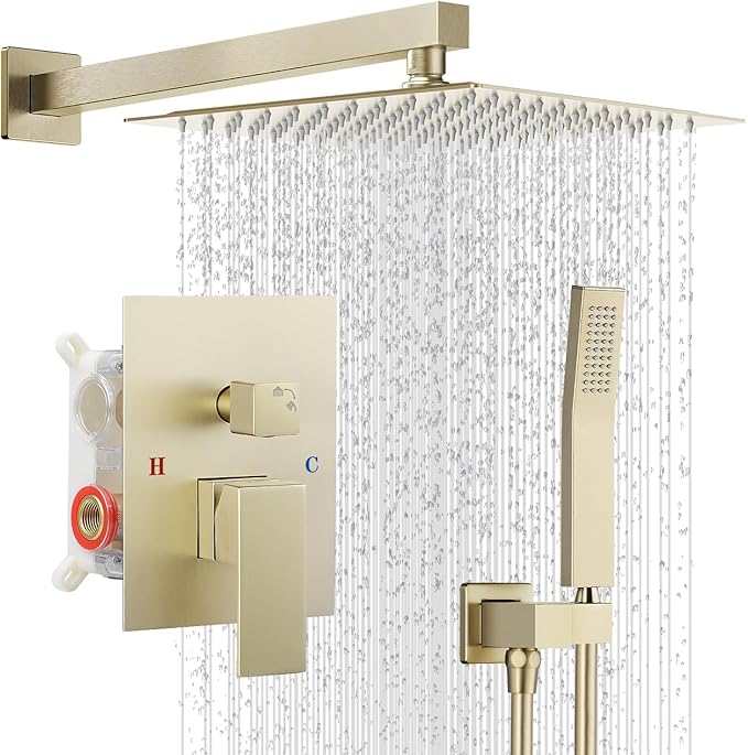 IUERASD Shower Faucet set with Shower head, Wall Mount 10 Inch Square Rainfall Shower Head and Handle Set Single Handle Shower System Set with Female Threads Valve Body and Trim Included (Brush Gold)