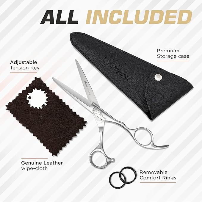 Professional Hair Scissors 7 Inch with Extremely Sharp Blades, 440C Steel Hair Cutting Scissors, Durable, Smooth Motion & Fine Cut, Barber Scissors with Elegant Sheath, Cleaning Leather & Key