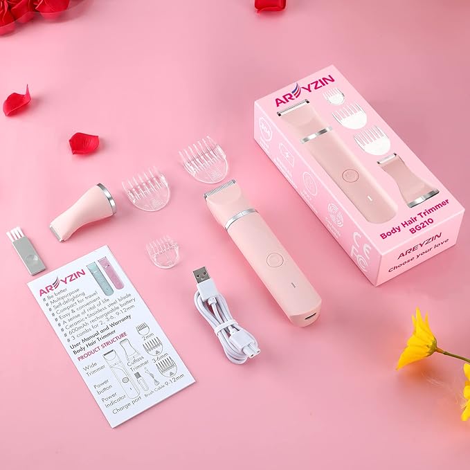 Bikini Trimmer for Women,Rechargeable Ladies Bikini Hair Trimmer Removal with Snap-in Ceramic Blades IP7X Washable Head,Pink