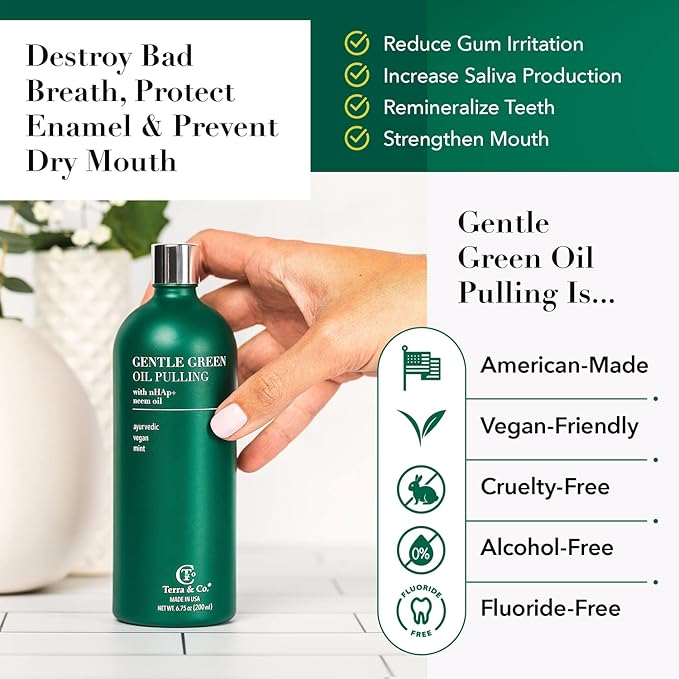 Terra & Co. Nano Hydroxyapatite Gentle Green Oil Pulling - Vegan Natural Mouthwash for Teeth and Gum Health – Alcohol-Free and Fluoride-Free - Made with Cold Pressed Plant Oils | 6.75 oz