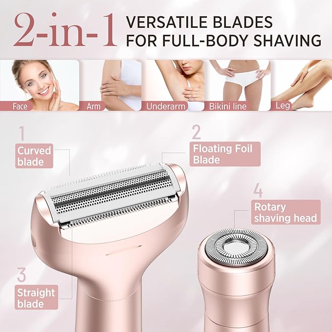 Electric Razor for Women Body: Rechargeable Painless Electric Shaver for Bikini Face Body Legs Underarms (Rose Gold)