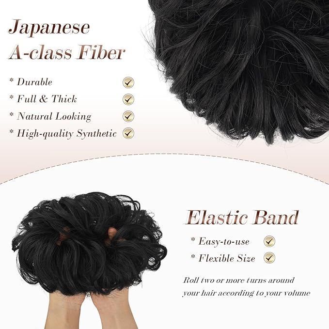 FESHFEN Messy Bun Hair Piece - Wavy Synthetic Chignon Scrunchies for Instant Volume, Elastic Bun Ponytail Hair Extensions Thick Hairpieces for Women, Natural Black 1.50 oz